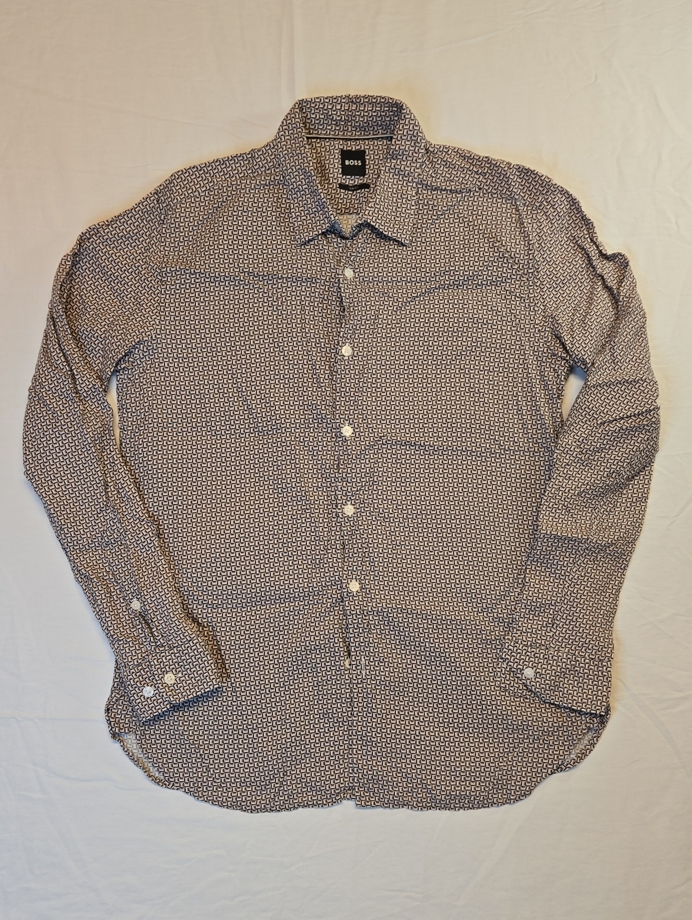 Hugo Boss Brown, White& Black Micro Pattern Button Down Lpng Sleeve Casual Shirt